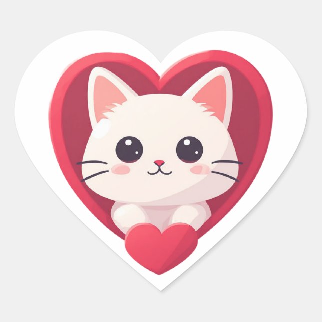 Sticker Cœur Mignon Chat Blanc avec Design Kawaii Kitty Love (Devant)