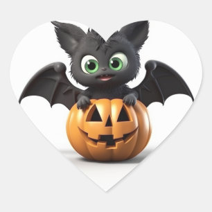 Sticker Cœur Mignonne batte d'halloween sur citrouille