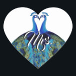 Sticker Cœur Mme Kissing Peacock Gatsby Roaring 20s Vert bleu<br><div class="desc">Kissing Peacock Gatsby Roaring 20s Blue Green Madame ou Monogram Mariage Seal pour cartes de remerciement ou fête de mariage</div>