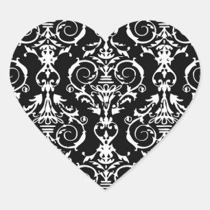 Sticker Cœur Modèle Damas noir et blanc