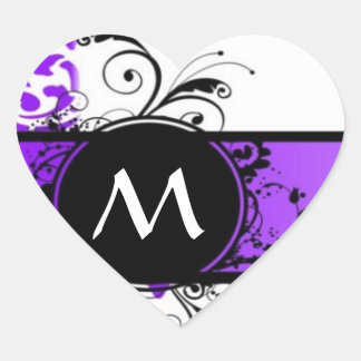 Sticker Cœur Modèle et monogramme pourpre damassé
