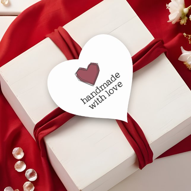 Sticker Cœur Moderne Abstrait de coeur rouge fait main avec cit (Modern Abstract Red Heart Handmade with Love Quote Heart Sticker.)