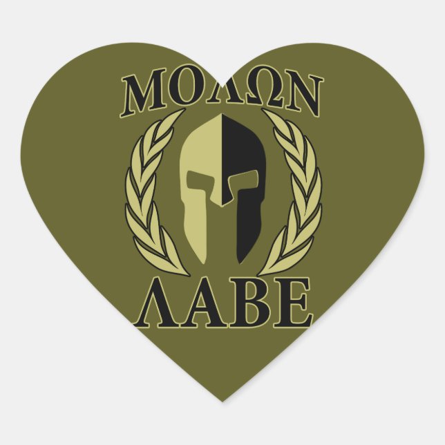 Sticker Cœur Molon Labe Laurels en Masque Spartiate Vert olive (Devant)