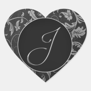 Sticker Cœur Monogram J Silver et Black Mariage damassé Seal