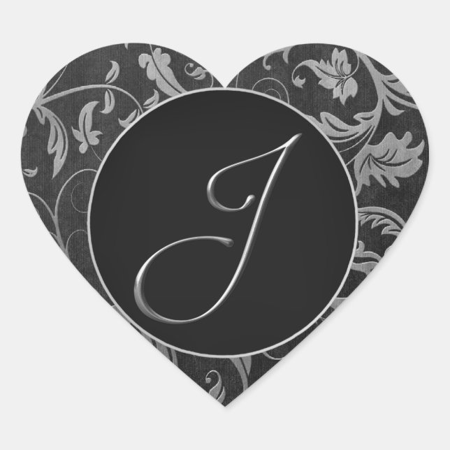 Sticker Cœur Monogram J Silver et Black Mariage damassé Seal (Devant)