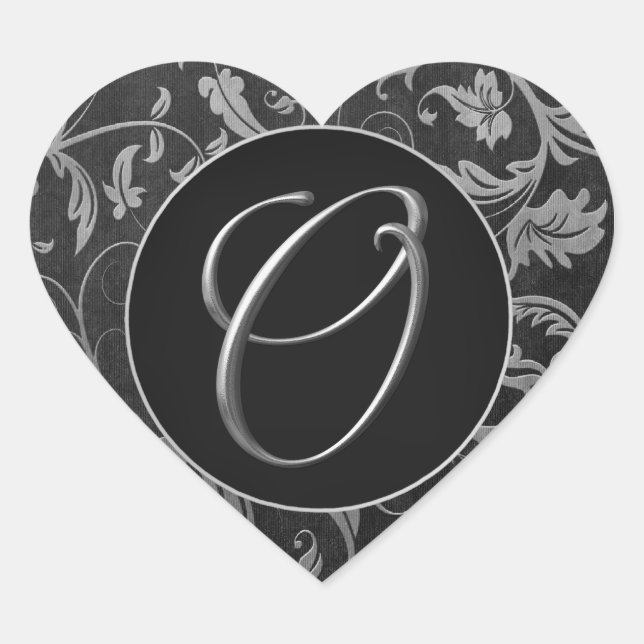 Sticker Cœur Monogram O Silver et Black Mariage damassé Seal (Devant)