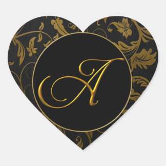 Sticker Cœur Monogramme A Gold et Black Mariage damassé Seal