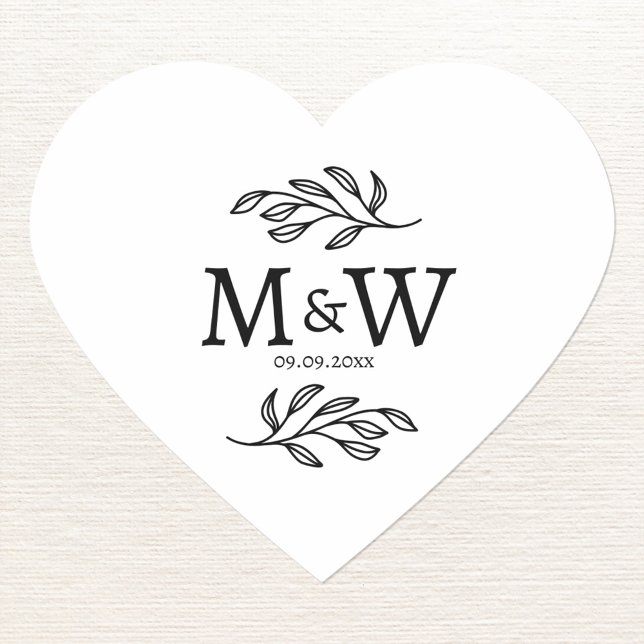 Sticker Cœur Monogramme de couple de mariage Date Feuille botan (Modern wedding couple monogram initials date botanical leaf line art heart sticker)