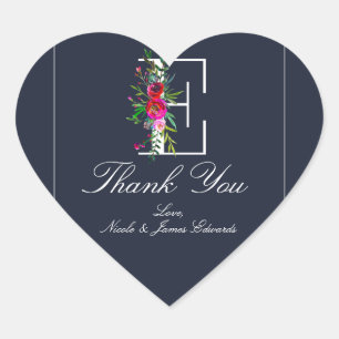 Sticker Cœur Monogramme E Initiale Moderne Fleurs Bleues Mariag