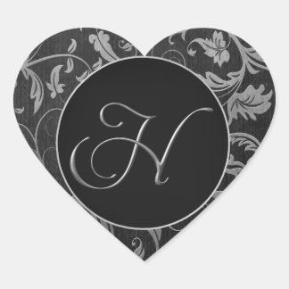 Sticker Cœur Monogramme H Silver et phoque Mariage damassé noir