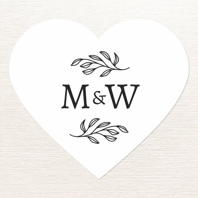 Sticker Cœur Monogramme Initial de Couple de Mariage Cœur Botan (Modern wedding couple monogram initial logo botanical leaf heart sticker)