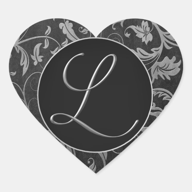 Sticker Cœur Monogramme L Silver et phoque Mariage damassé noir (Devant)