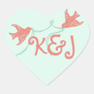 Sticker Cœur Monogramme Mariage de la chapelle corail et menthe