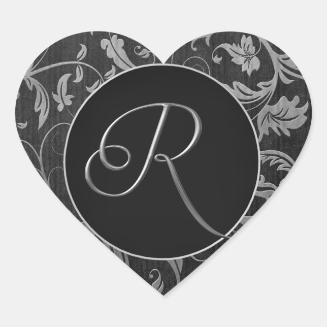 Sticker Cœur Monogramme R Silver et Black Mariage damassé Seal (Devant)