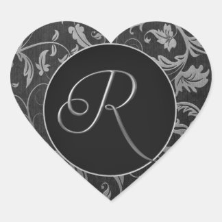 Sticker Cœur Monogramme R Silver et Black Mariage damassé Seal