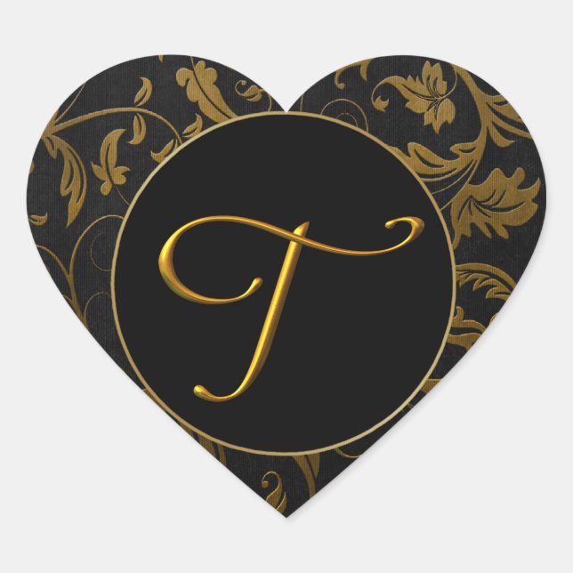 Sticker Cœur Monogramme T Gold et Black Mariage damassé Seal (Devant)
