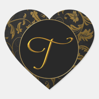 Sticker Cœur Monogramme T Gold et Black Mariage damassé Seal