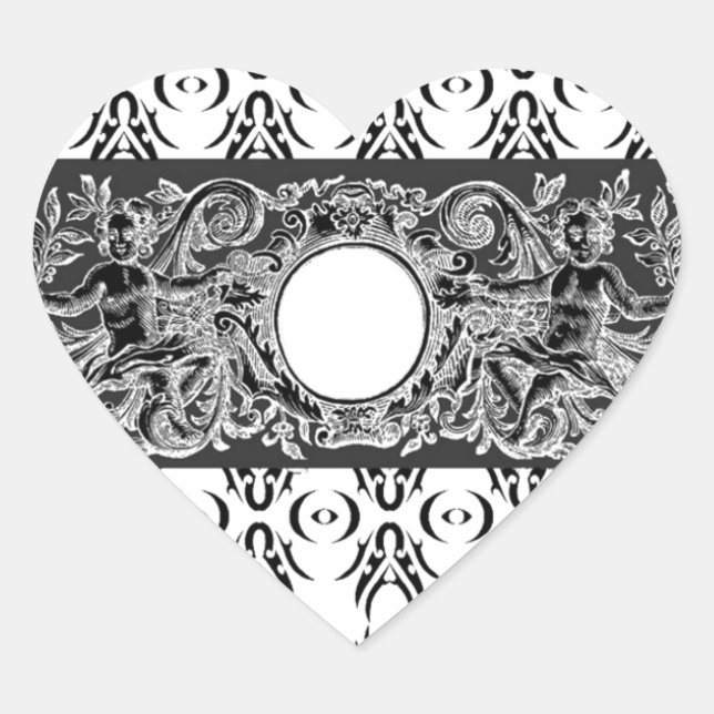 Sticker Cœur Motif baroque noir classique à customiser (Devant)