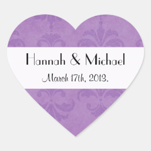 Sticker Cœur Motif damassé, Damassé violet, Mariage