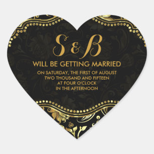 Sticker Cœur Motif de Damas Floral Noir Et Métallique