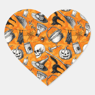 Sticker Cœur Motif heureux vintage de Halloween. Sorcière,