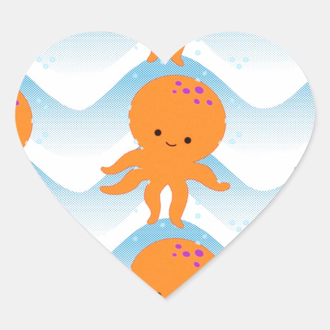 Sticker Cœur Motif Octopus Orange Et Vagues Bleues (Devant)