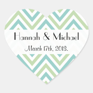 Sticker Cœur Motif Zigzag, Chevron, Bleu, Vert, Mariage