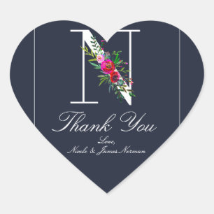Sticker Cœur N Monogramme Dernier initial bleu Floral Mariage