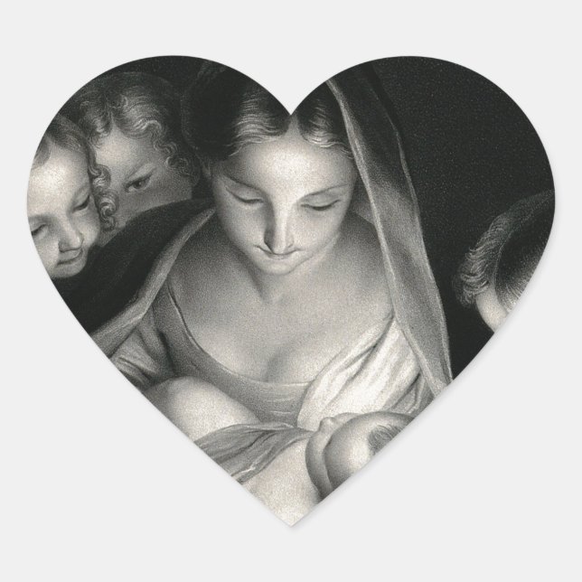 Sticker Cœur Nativity Baby Jésus Virgin Mary Angels Black White (Devant)
