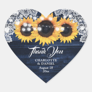 Sticker Cœur Navy Blue Bois Dentelle Tournesol Mariage Remercie