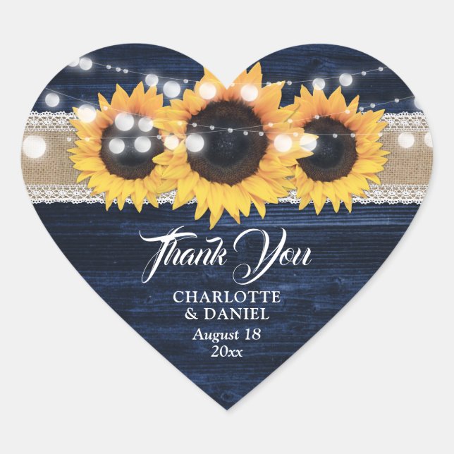 Sticker Cœur Navy Blue Wood Burlap Lace Sunflower Wedding Favor (Devant)