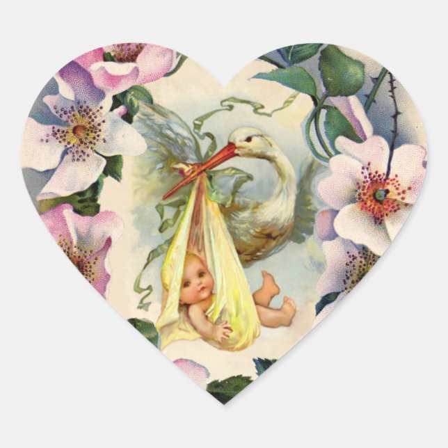 STICKER CŒUR NEUTRAL STORK BABY SHOWER ROSE ROSE SAUVAGE COURON (Devant)