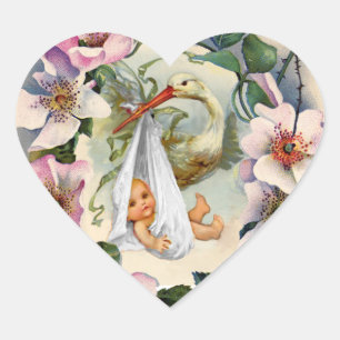 STICKER CŒUR NEUTRAL STORK BABY SHOWER ROSE ROSE SAUVAGE COURON