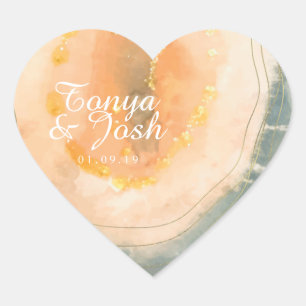 Sticker Cœur Noces de corail de géodes à l'aquarelle d'agate