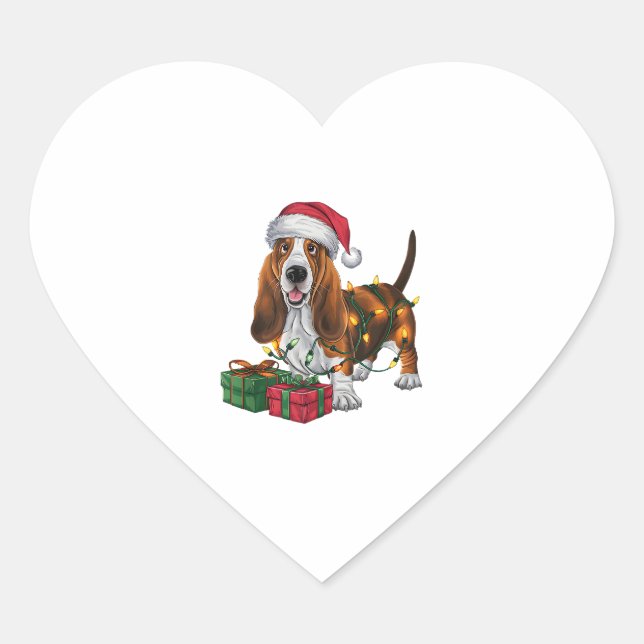 Sticker Cœur Noël Éclairage Santa Hat Basset Hound Chien Noël (Devant)