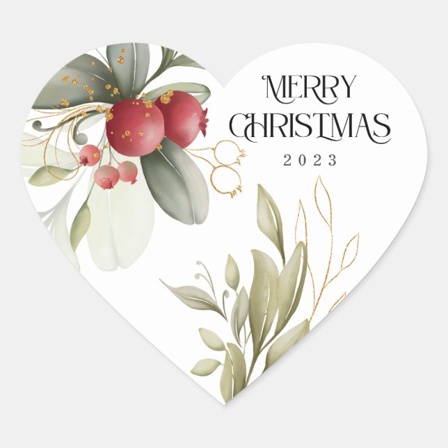 Sticker Cœur Noël Elegant Aquarelle Berry Classic Round S (Devant)