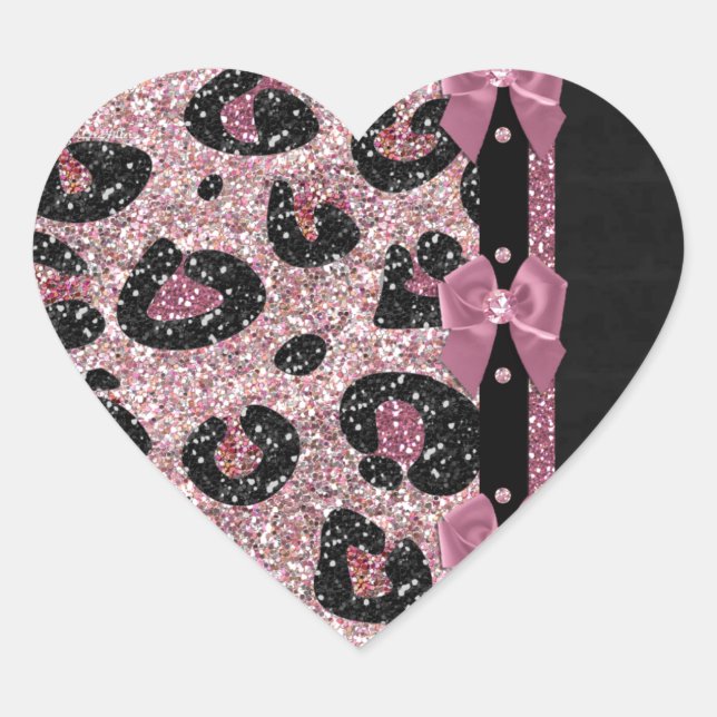 Sticker Cœur Nœuds en ruban imprimé léopard rose rockabilly RAB (Devant)