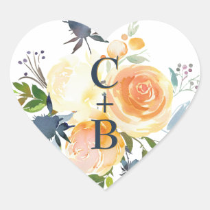 Sticker Cœur Nuit Bleue et Corail Fleurs aquarelles pour maria