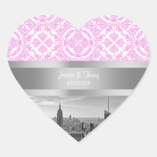 Sticker Cœur NY City Skyline BW D4P Rose Blanc Damassé