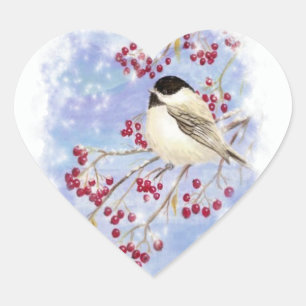 Sticker Cœur Oiseau d'hiver à travers la fenêtre neigeuse. Scèn