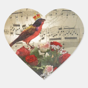 Sticker Cœur Oiseau rouge, et roses sur la feuille de musique