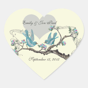 Sticker Cœur Oiseaux Amoureux dans l'Arbre Rose Aqua Autocollan