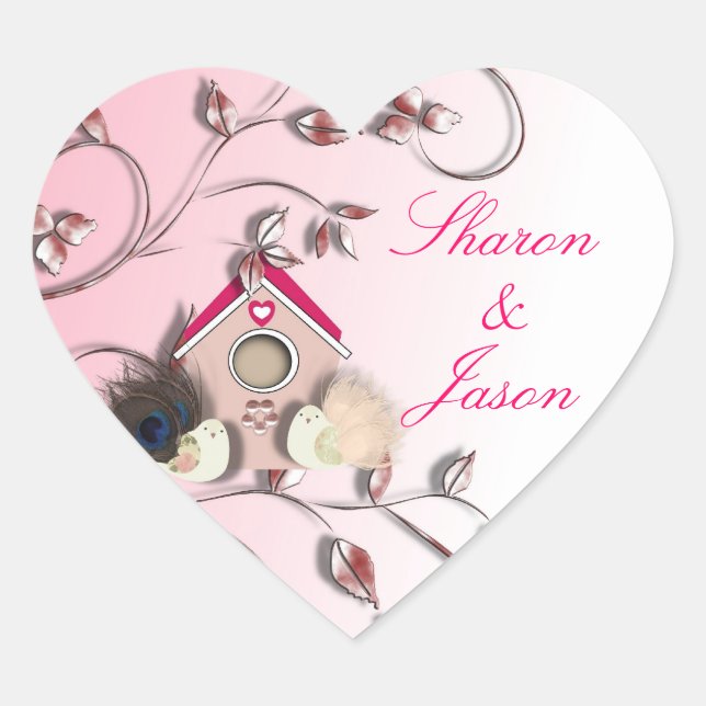 Sticker Cœur Oiseaux mignons Fleurs de maison d'oiseaux rose (Devant)