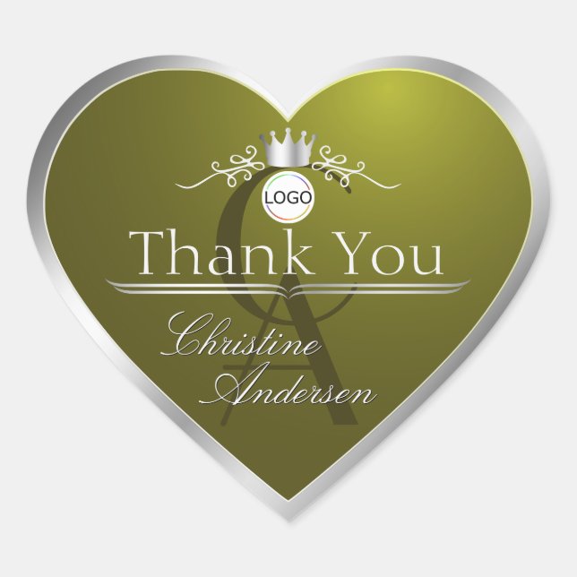 Sticker Cœur Olive Green Silver Frame Logo Monogram Merci (Devant)