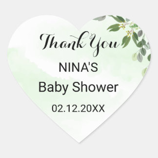 Sticker Cœur Or Eucalyptus Feuille Merci vert rond