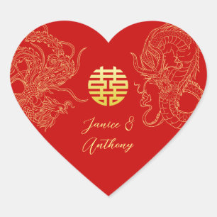 Sticker Cœur Or rouge dragon phénix de mariage chinois