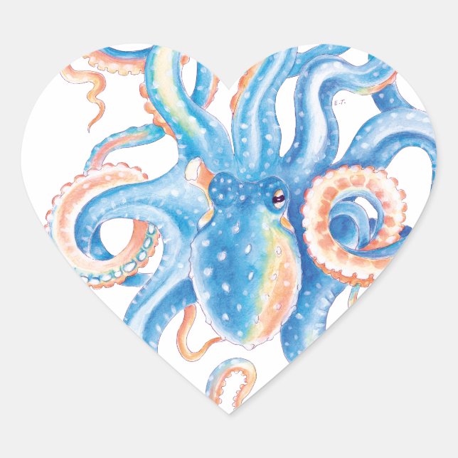 Sticker Cœur Otopus bleu aquarelle (Devant)