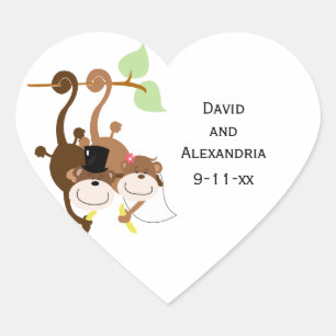 Sticker Cœur Paire de singes dans un arbre Mariage Faveur nupti