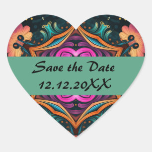 Sticker Cœur Paisley Pink Floral Enregistrer la date