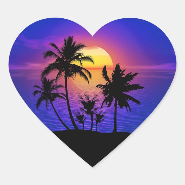 Sticker Cœur Palmiers de coucher de soleil tropical (Devant)